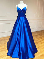 Charming Royal Blue Satin A-Line V Neck Long Prom Dress with Bow Tie BM bride