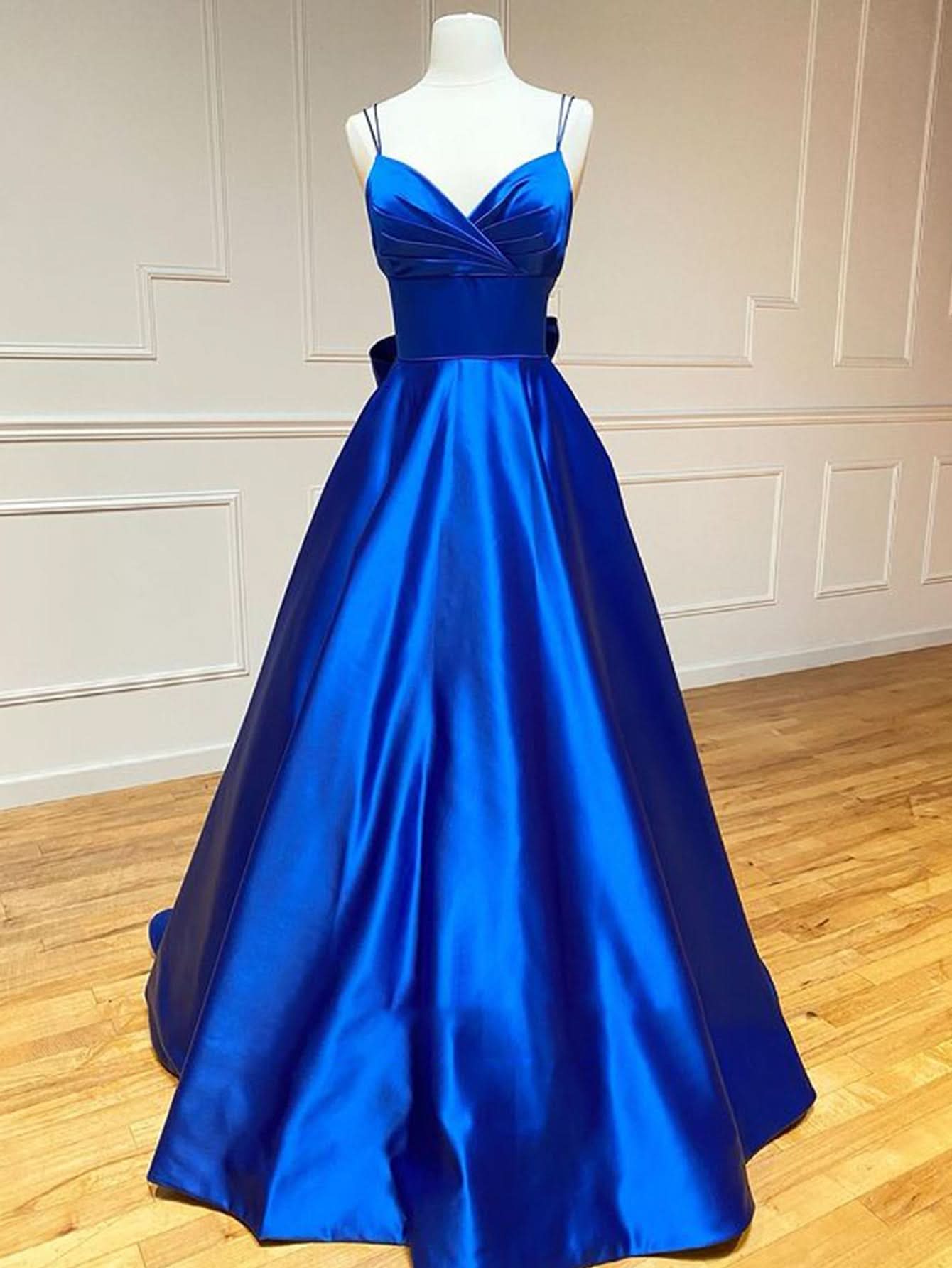Charming Royal Blue Satin A-Line V Neck Long Prom Dress with Bow Tie BM bride