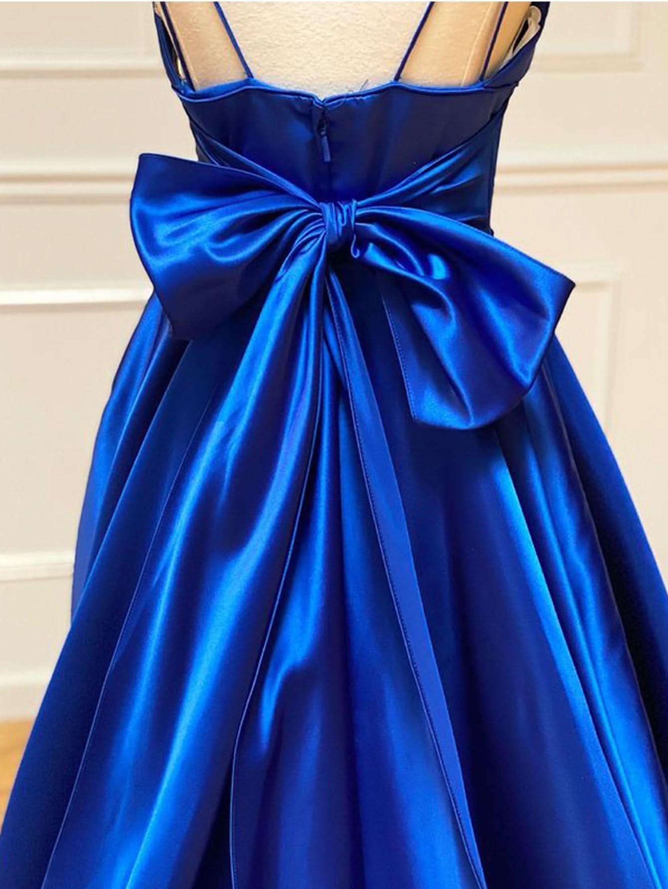 Charming Royal Blue Satin A-Line V Neck Long Prom Dress with Bow Tie BM bride
