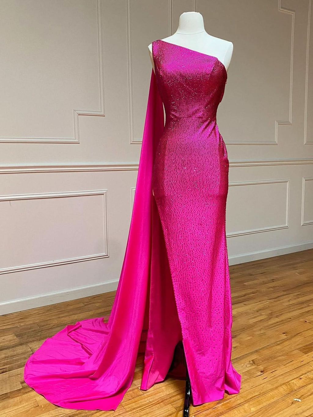 Beautiful One Shoulder Glitter Mermaid Pink Long Prom Dress BM bride