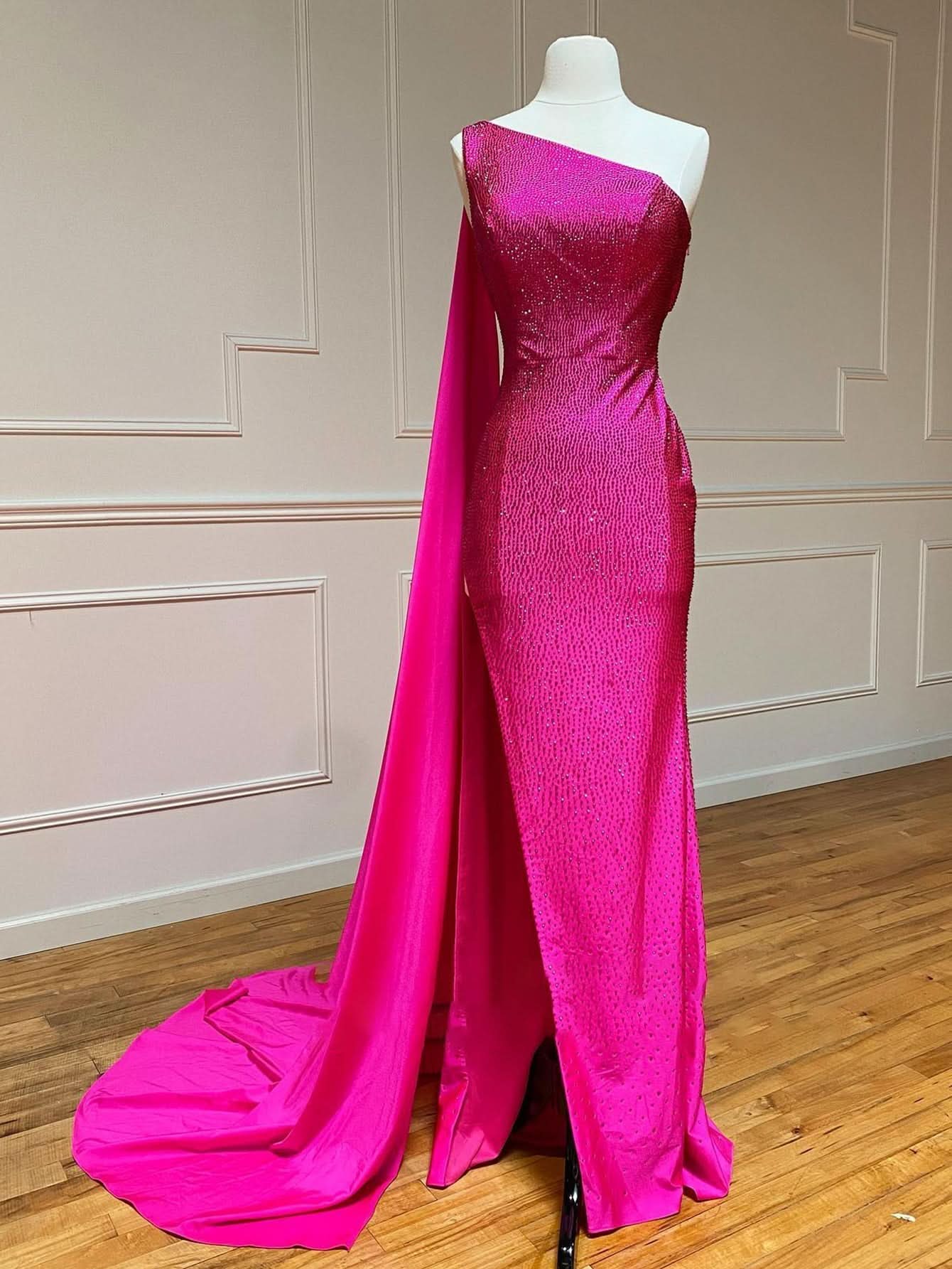 Beautiful One Shoulder Glitter Mermaid Pink Long Prom Dress BM bride