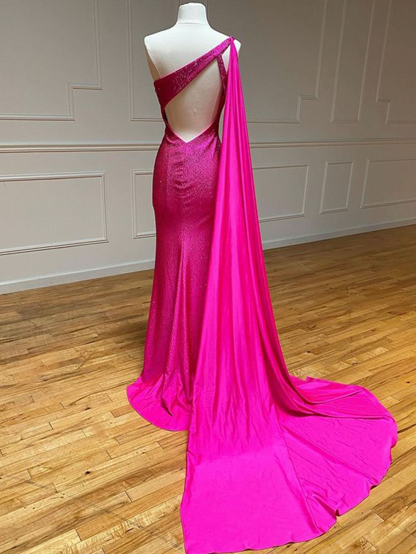Beautiful One Shoulder Glitter Mermaid Pink Long Prom Dress BM bride
