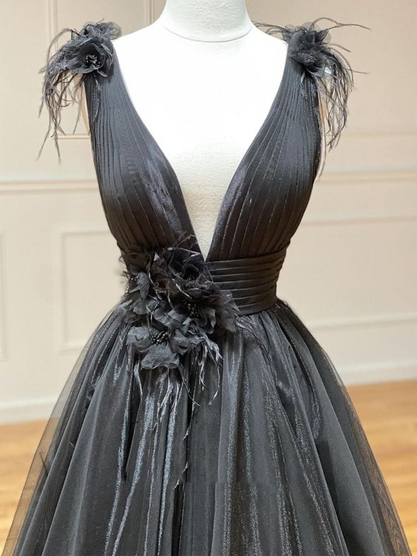 Graceful A-Line Black V Neck Tulle Long Prom Dress BM bride