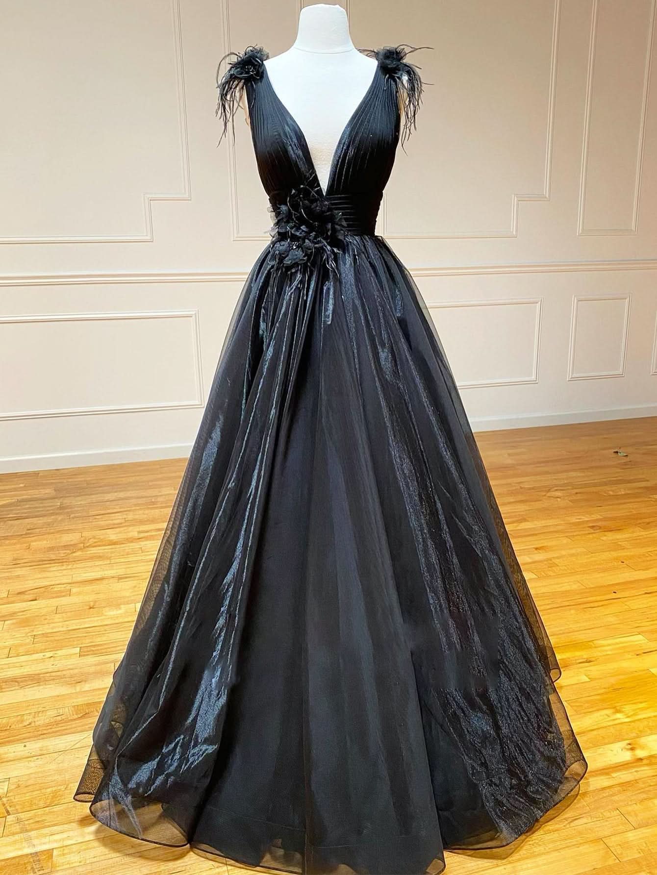 Graceful A-Line Black V Neck Tulle Long Prom Dress BM bride