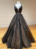 Elegant A-Line Black V Neck Lace Long Prom Dress BM bride