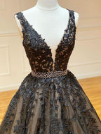 Elegant A-Line Black V Neck Lace Long Prom Dress BM bride
