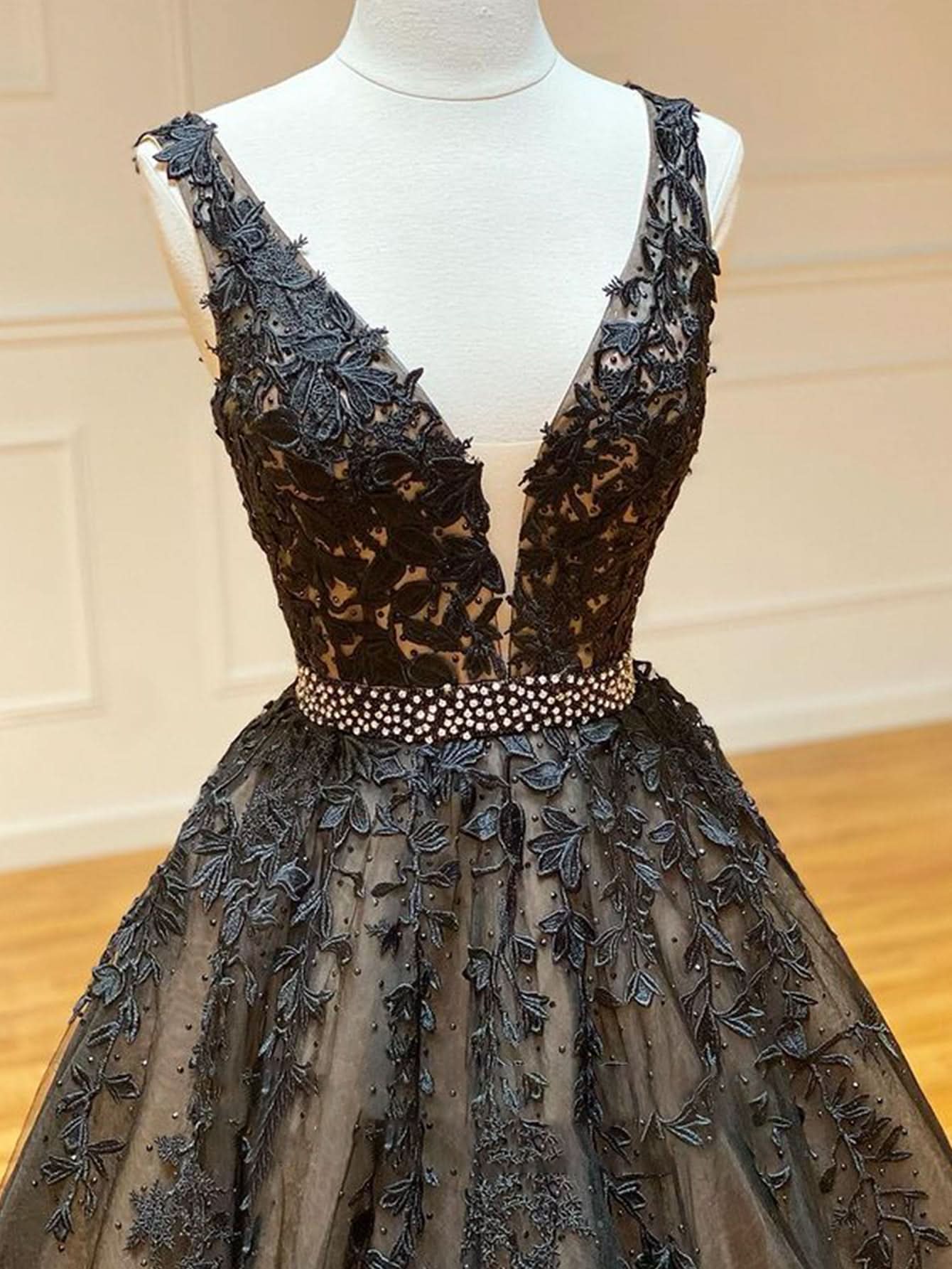 Elegant A-Line Black V Neck Lace Long Prom Dress BM bride