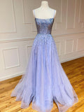 Sparkling Light Blue Glitter Tulle Long Prom Dress BM bride