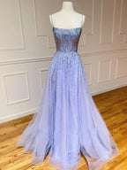 Sparkling Light Blue Glitter Tulle Long Prom Dress BM bride