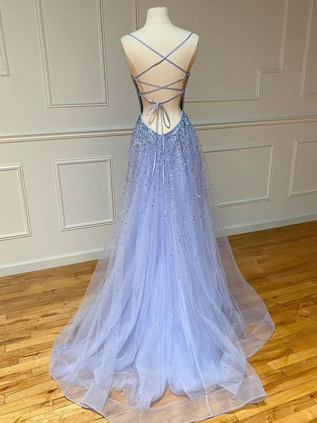 Sparkling Light Blue Glitter Tulle Long Prom Dress BM bride