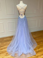 Sparkling Light Blue Glitter Tulle Long Prom Dress BM bride