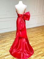 Elegant Red Satin Mermaid V Neck Long Prom Dress with Bow Tie BM bride