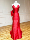 Elegant Red Satin Mermaid V Neck Long Prom Dress with Bow Tie BM bride