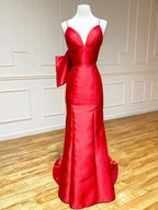 Elegant Red Satin Mermaid V Neck Long Prom Dress with Bow Tie BM bride