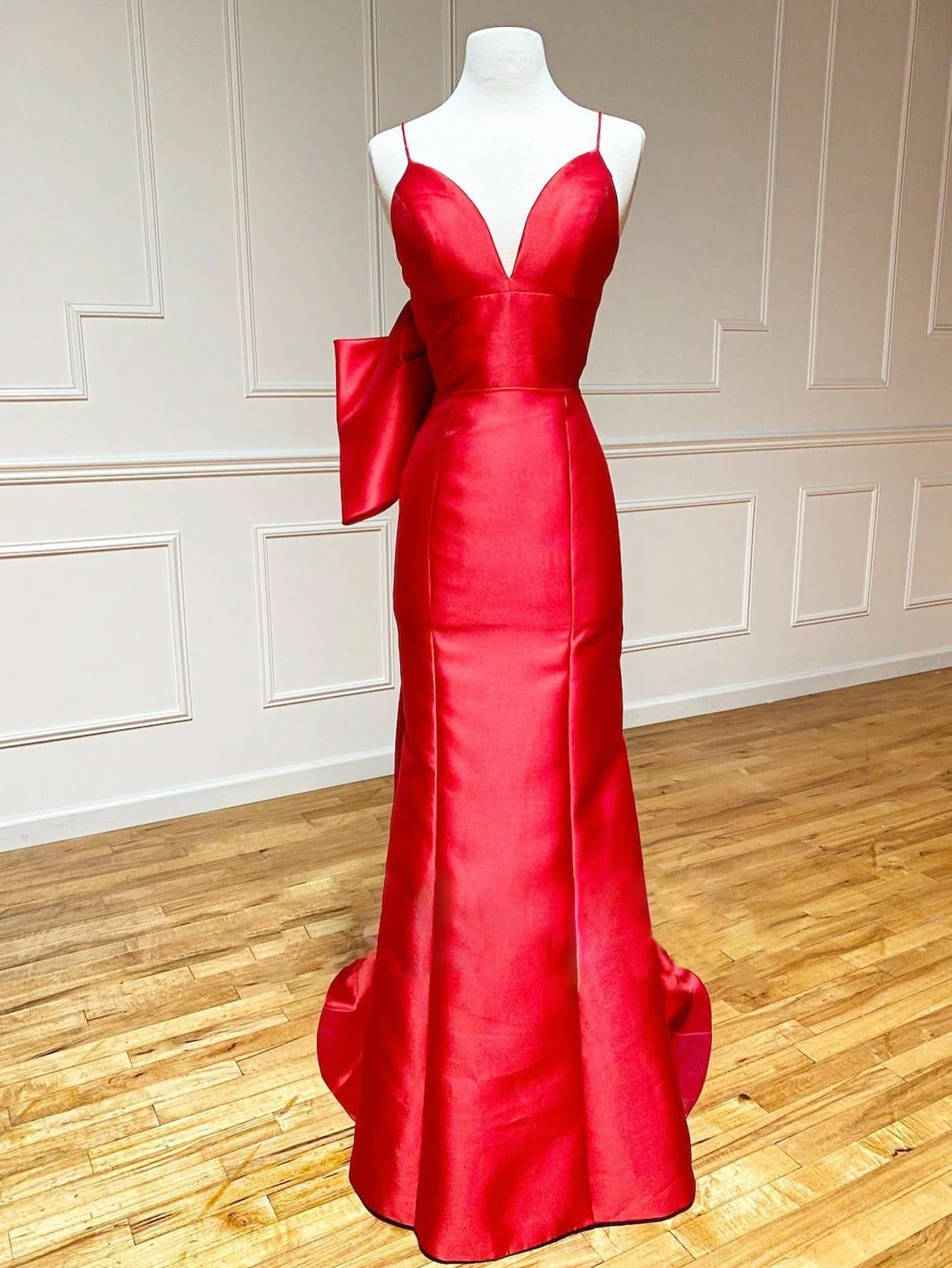 Elegant Red Satin Mermaid V Neck Long Prom Dress with Bow Tie BM bride