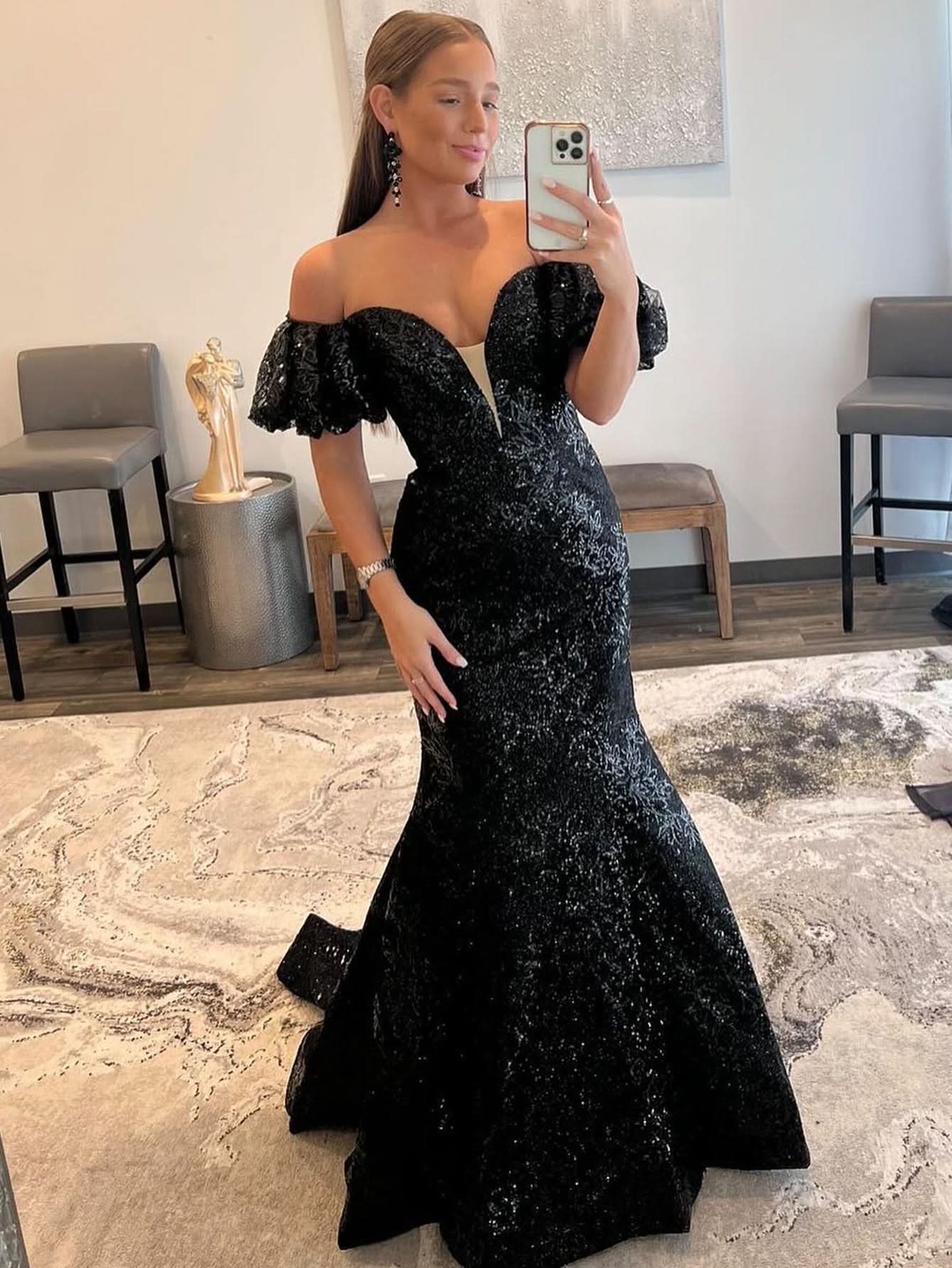 Captivating Black Strapless Sequins Long Mermaid Prom Dress BM bride