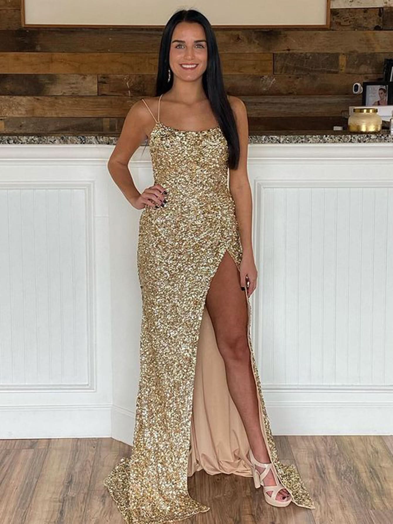 Gorgeous Mermaid V Neck Glitter Jersey Long Prom Dress with a Stylish Slit BM bride