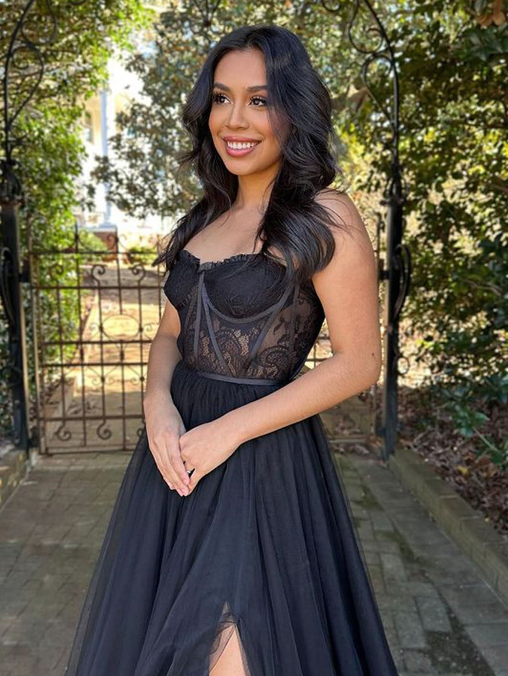 Stunning Black A-Line Sweetheart Corset Tulle Prom Dress with Slit BM bride
