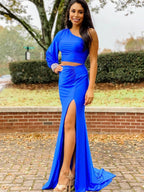 Gorgeous Satin Mermaid One Shoulder Two-Piece Set Black Long Prom Dress BM bride
