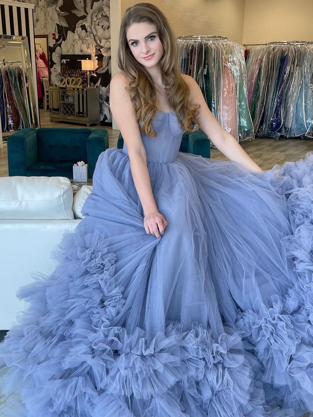 Graceful Strapless Blue A-Line Tiered Long Prom Dress BM bride