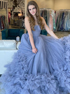 Graceful Strapless Blue A-Line Tiered Long Prom Dress BM bride