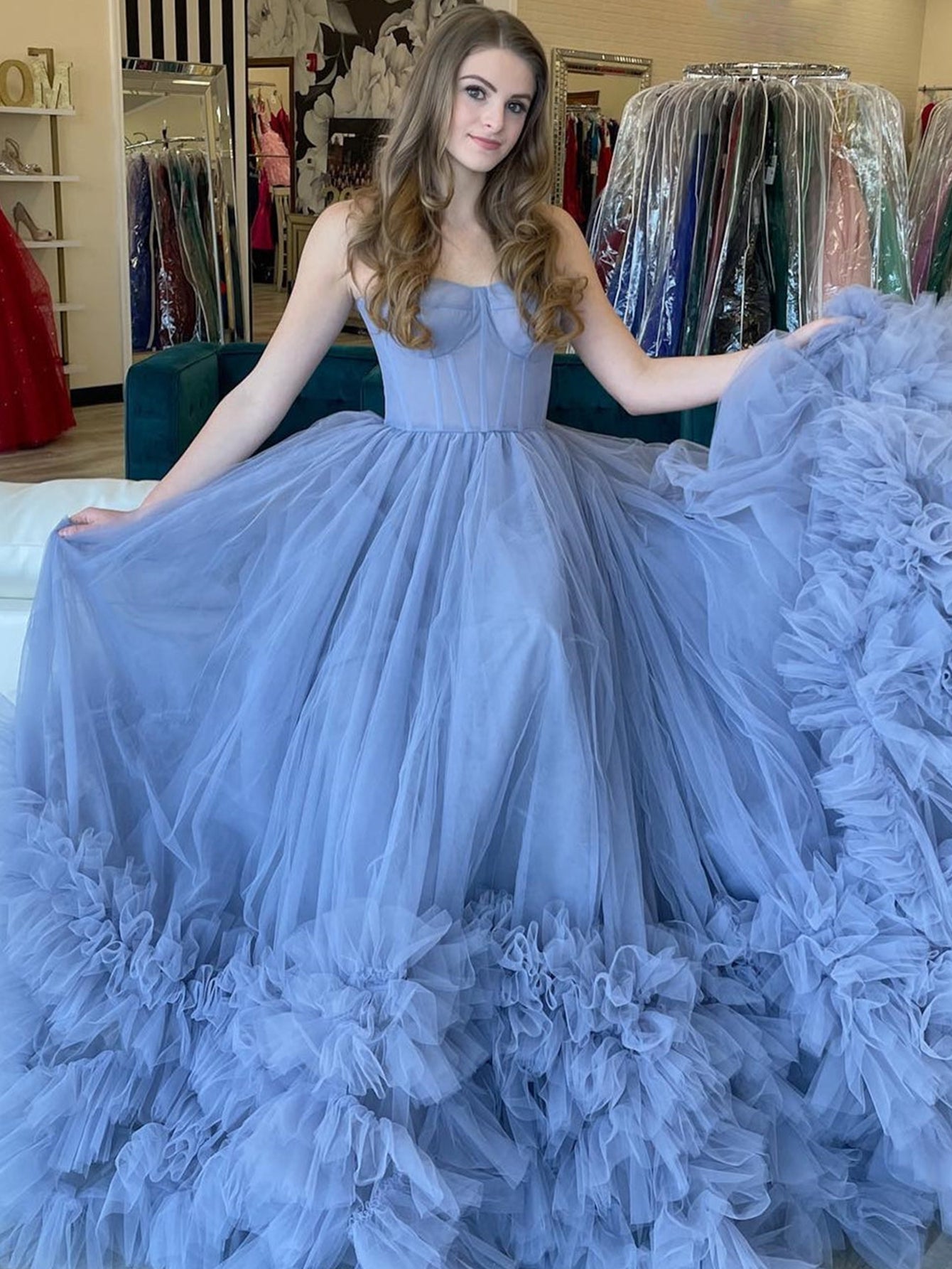 Graceful Strapless Blue A-Line Tiered Long Prom Dress BM bride