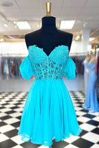 Romantic Lavender Off the Shoulder Corset Homecoming Dress with Lovely Ruffles BM bride