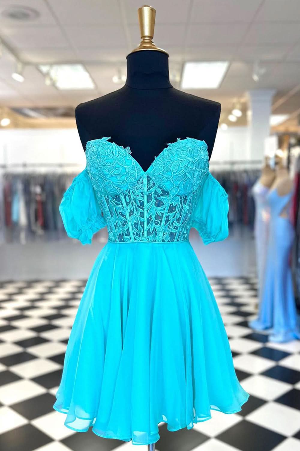 Romantic Lavender Off the Shoulder Corset Homecoming Dress with Lovely Ruffles BM bride