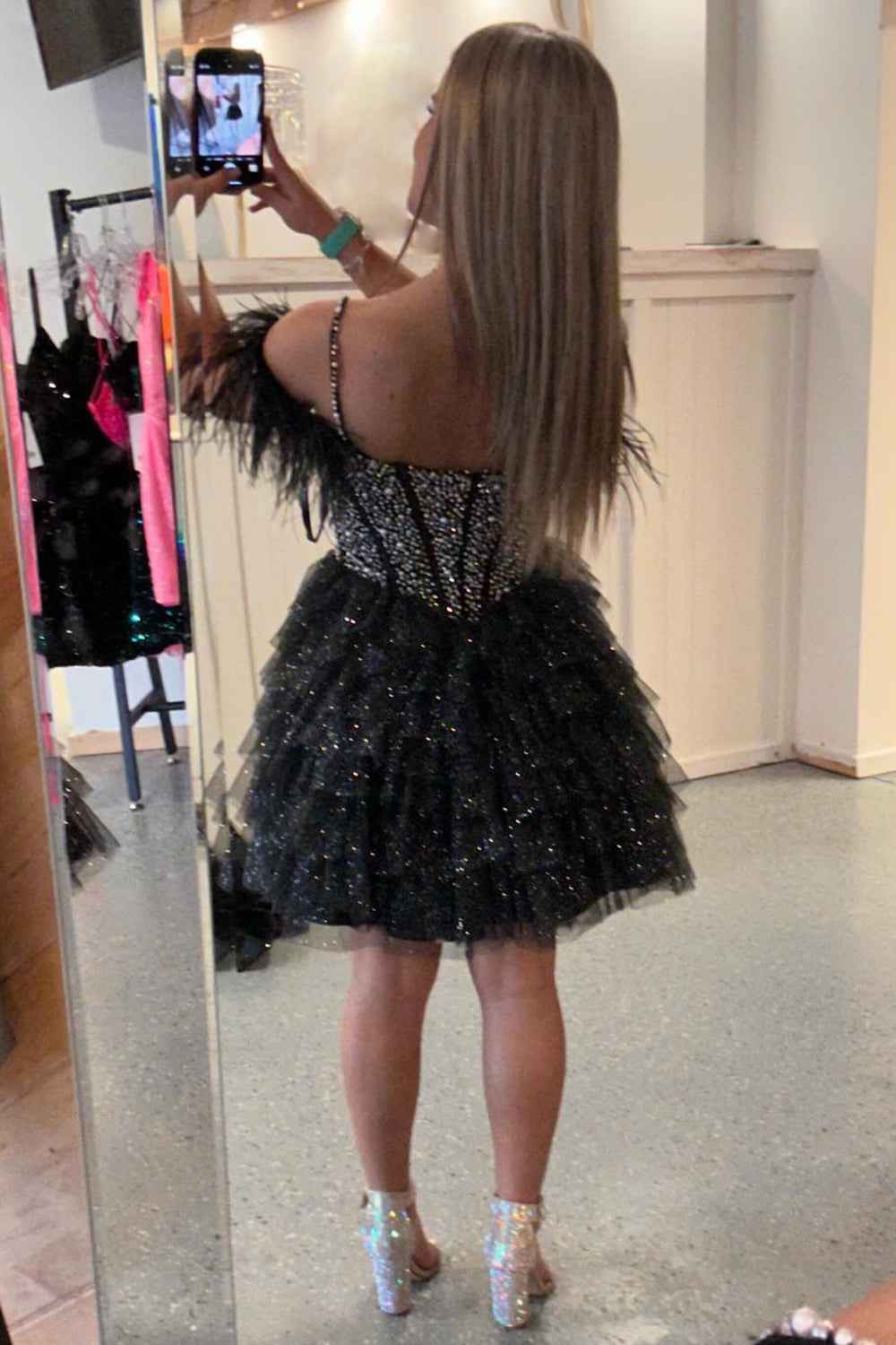 Sparkly Black Beaded Corset Ruffled Short Homecoming Dress With Feathers Bmbride