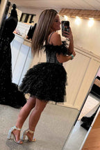 Sparkly Black Beaded Corset Ruffled Short Homecoming Dress With Feathers Bmbride