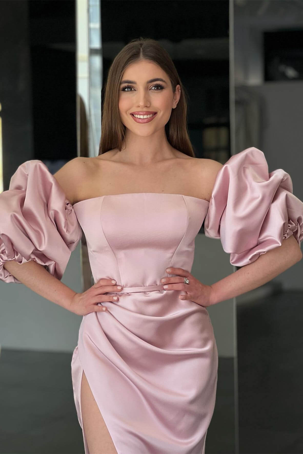 Pink Strapless Mermaid Prom Dress with Long Split and Detachable Sleeves BM bride