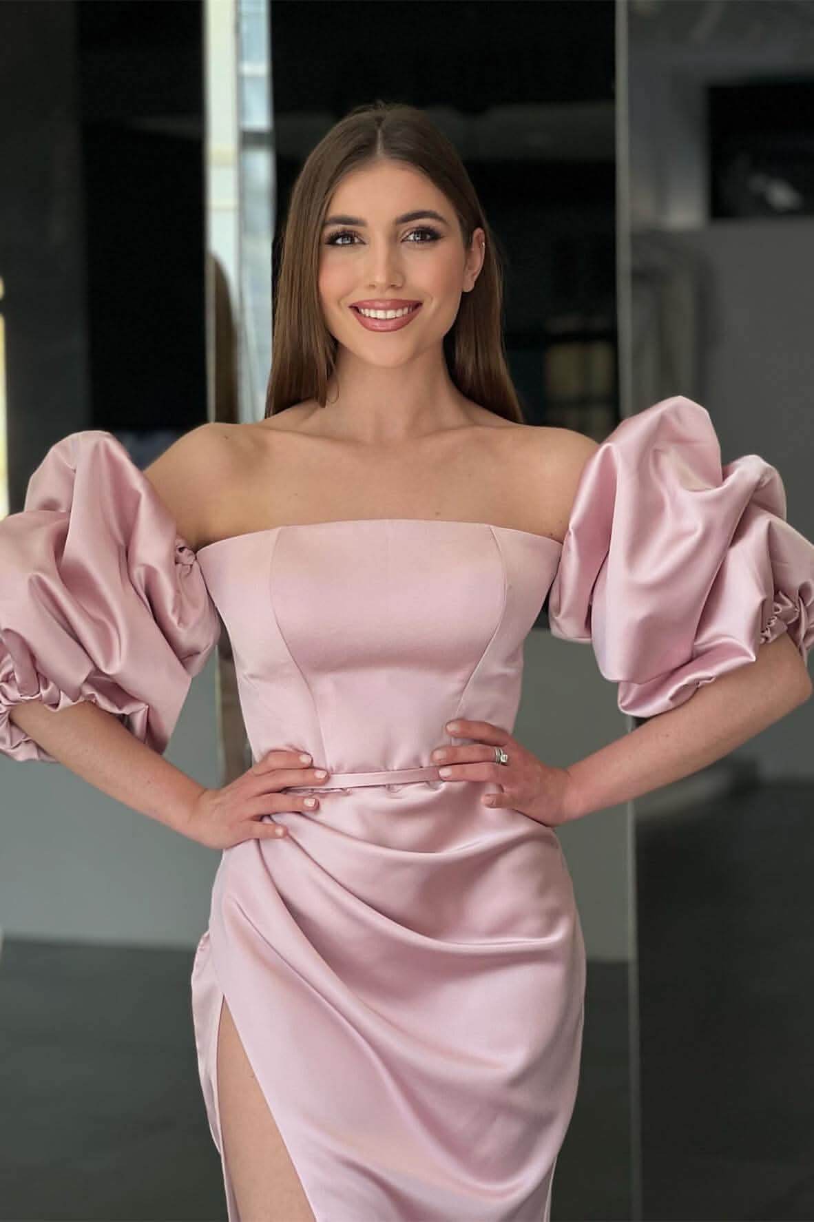 Pink Strapless Mermaid Prom Dress with Long Split and Detachable Sleeves BM bride