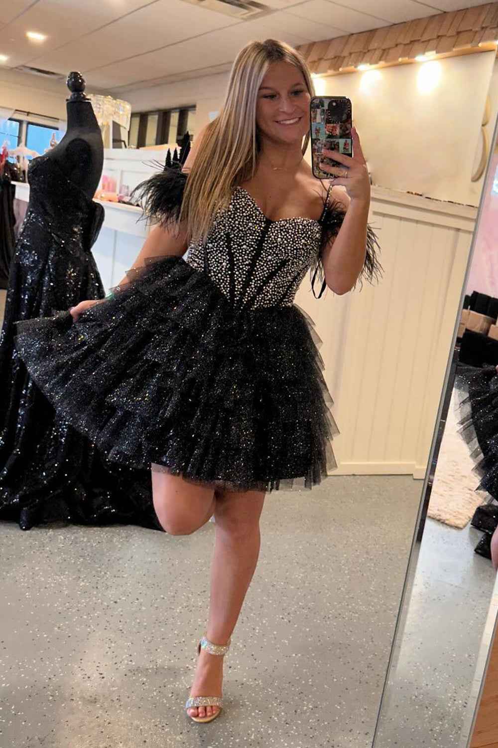 Sparkly Black Beaded Corset Ruffled Short Homecoming Dress With Feathers Bmbride
