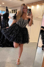 Sparkly Black Beaded Corset Ruffled Short Homecoming Dress With Feathers Bmbride