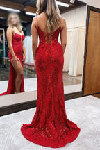 Elegant Mermaid Spaghetti Straps Appliques Prom Dress with Slit BM bride