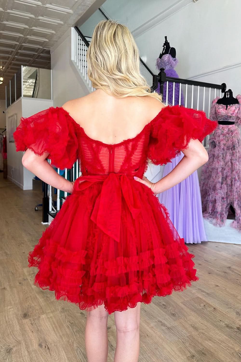 Off the Shoulder Tulle A-Line Homecoming Dress BM bride