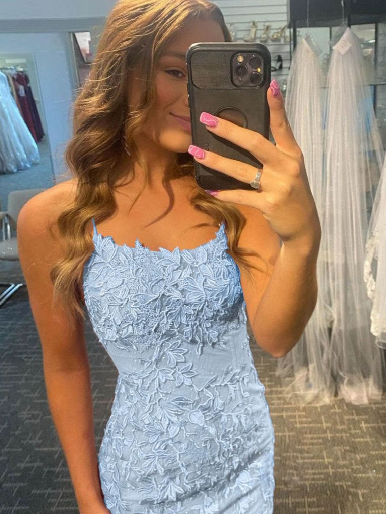 Chic Sheath Spaghetti Straps Lace Homecoming Dress BM bride