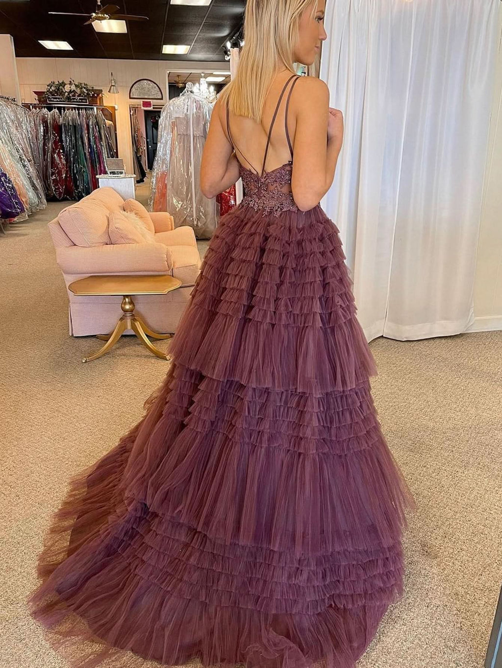Daring Black V Neck Asymmetrical Tulle Long Prom Dress BM bride