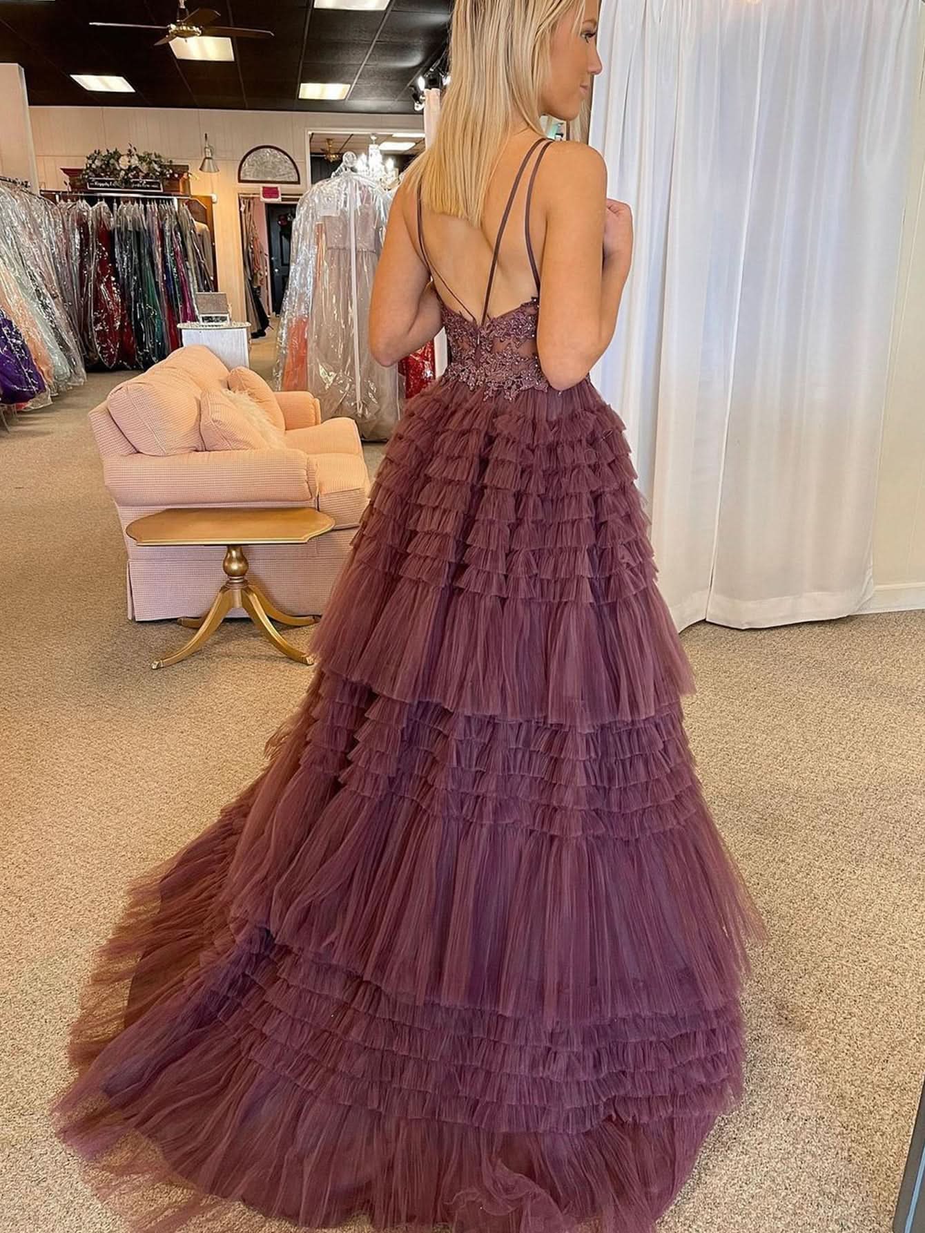 Daring Black V Neck Asymmetrical Tulle Long Prom Dress BM bride