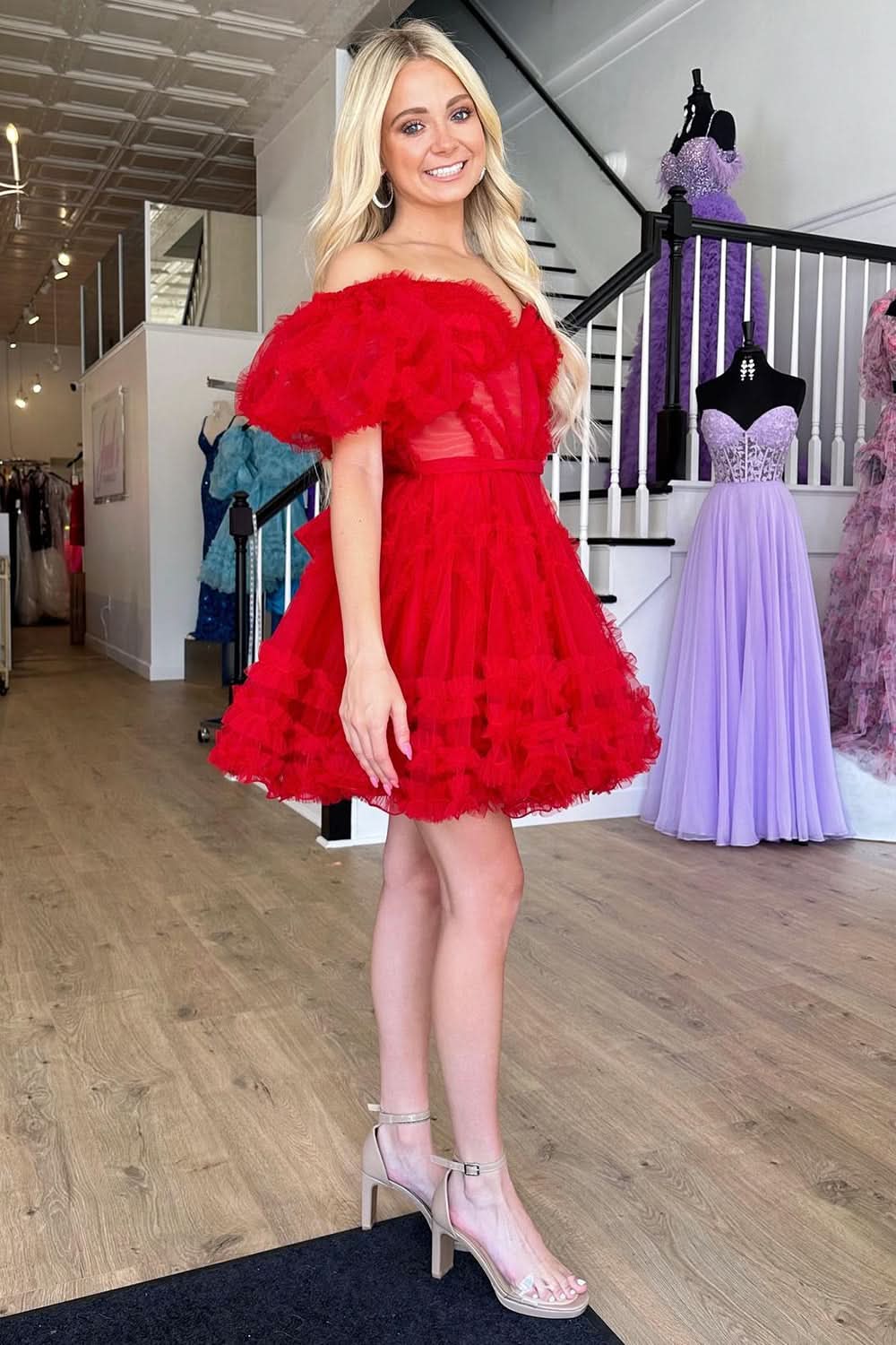 Off the Shoulder Tulle A-Line Homecoming Dress BM bride