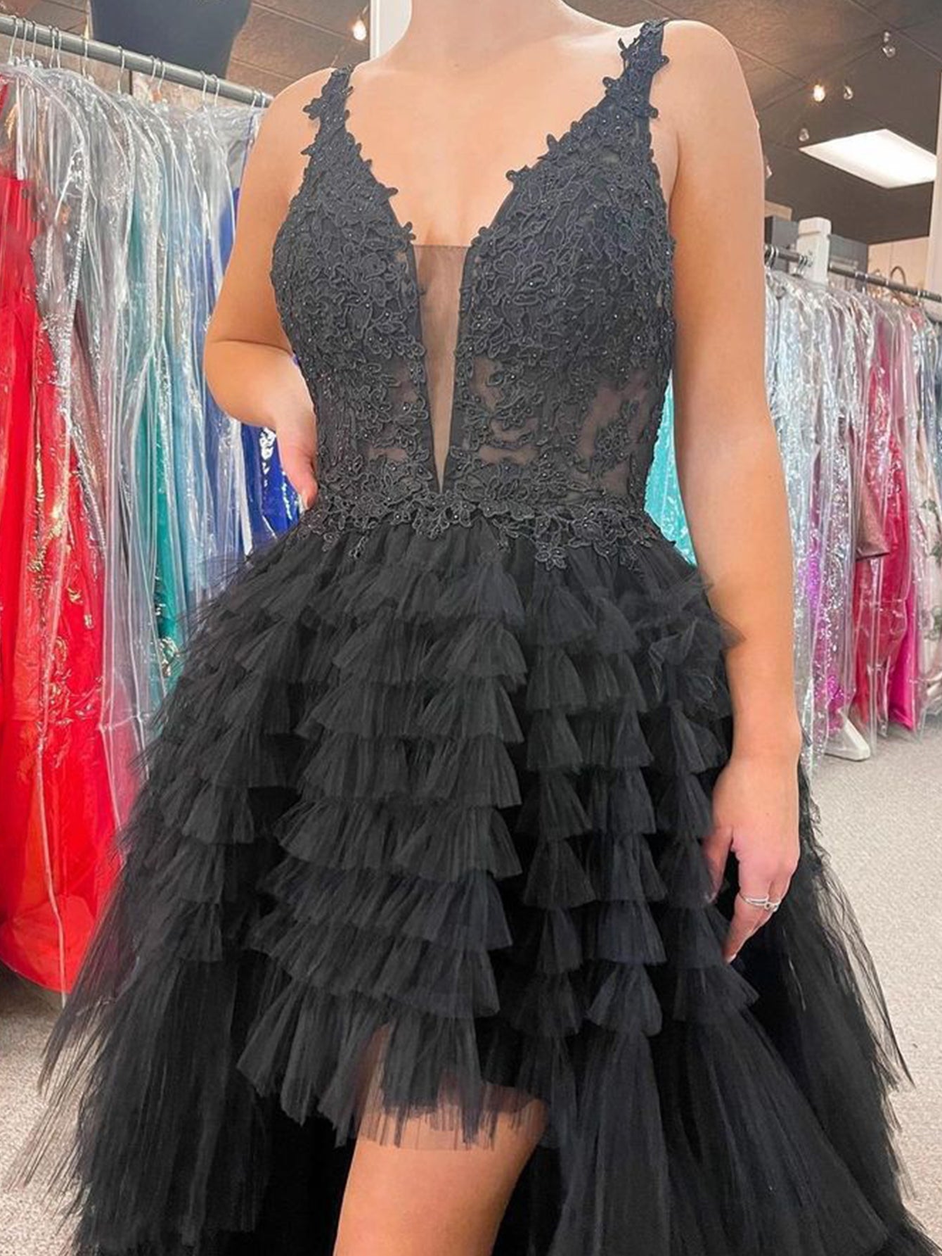 Daring Black V Neck Asymmetrical Tulle Long Prom Dress BM bride