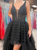 Daring Black V Neck Asymmetrical Tulle Long Prom Dress BM bride