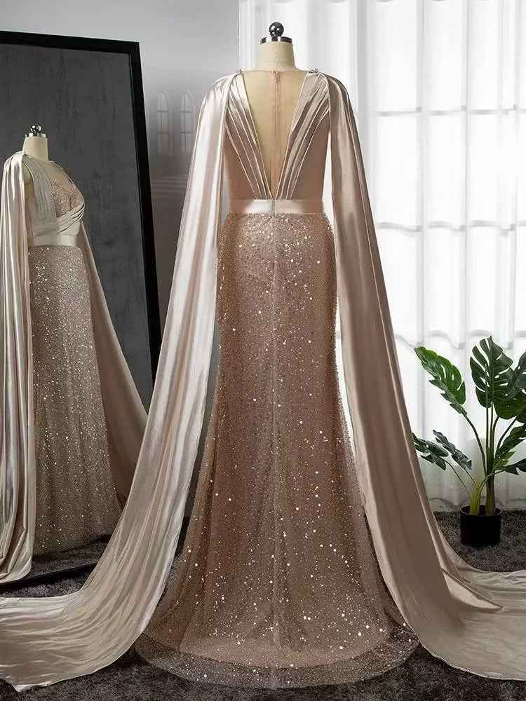 Retro Champagne Bead Embroidery Shawl Pleated Long Prom Dress