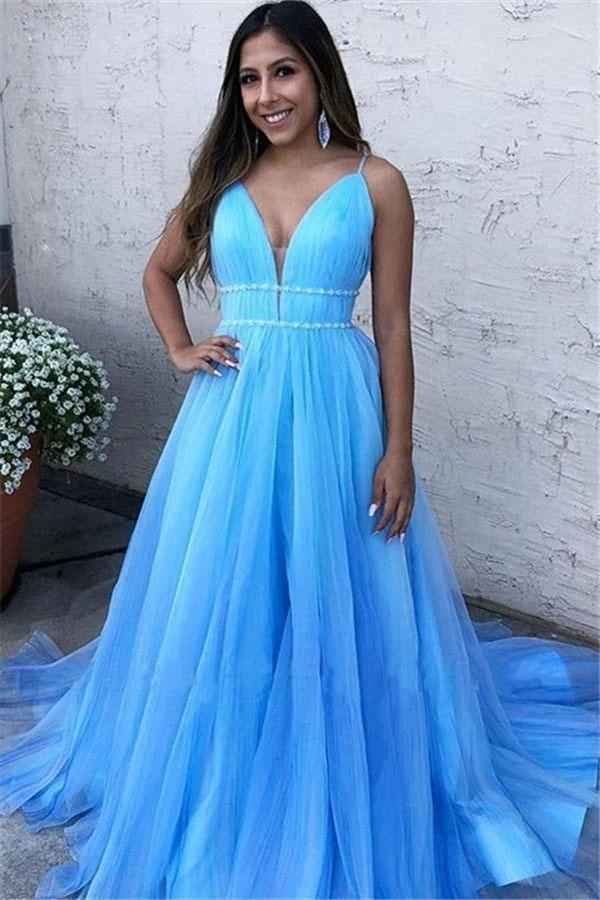 Chic Tulle Sky Blue Spaghetti Strap V Neck Sleeveless Long Evening Dress