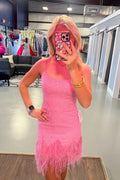 Glitter Pink Sequins Tight Short Homecoming Dress With Feathers Bmbride