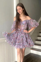 Whimsical A-Line Off-the-Shoulder Printed Homecoming Dress BM bride