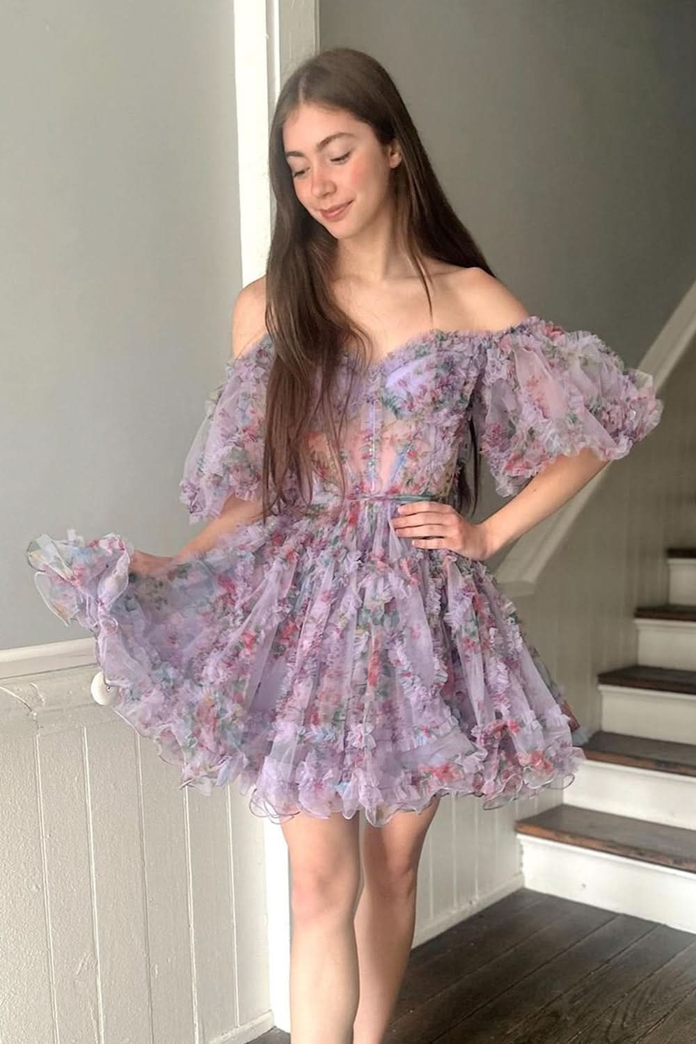Whimsical A-Line Off-the-Shoulder Printed Homecoming Dress BM bride