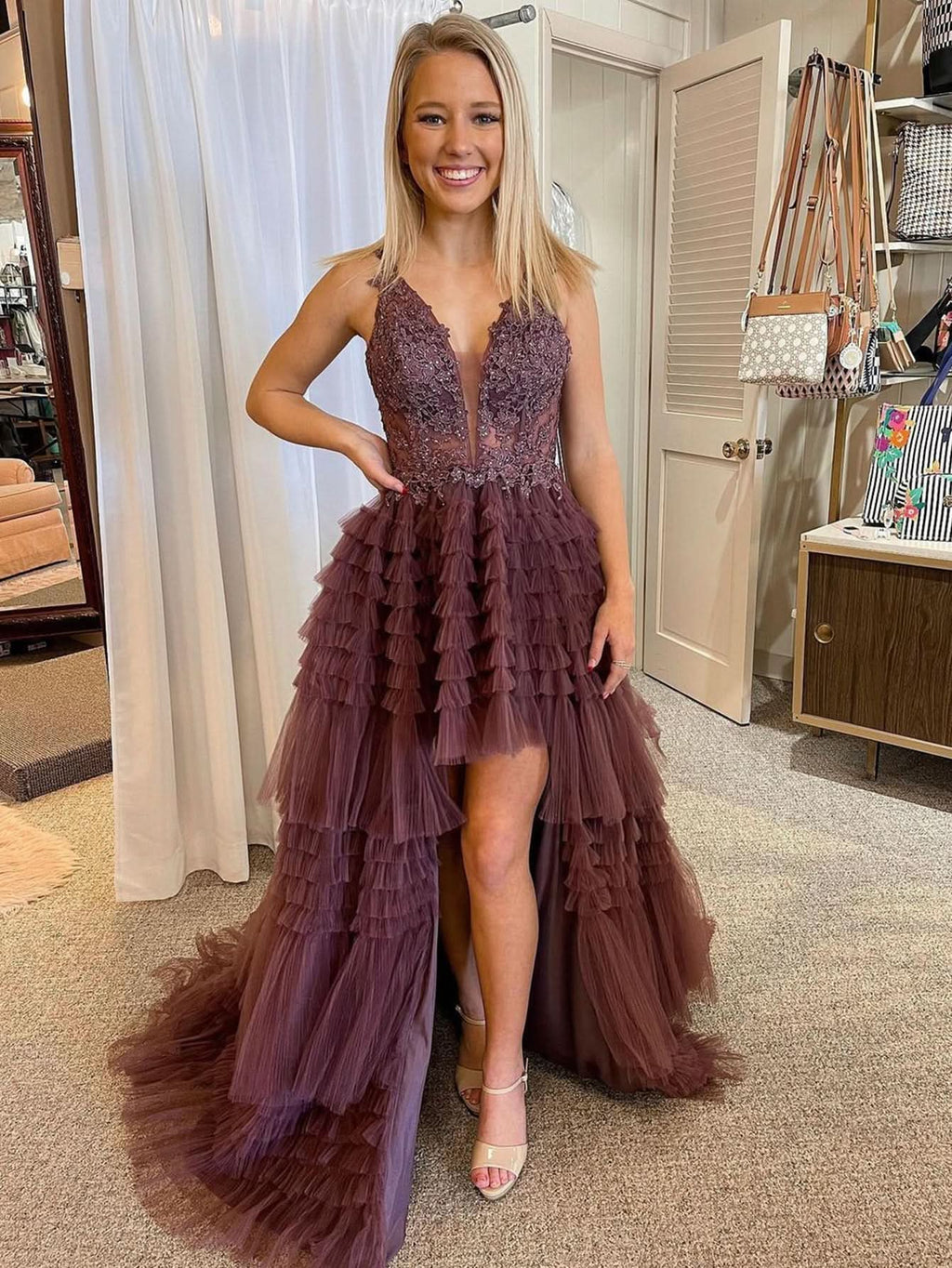 Daring Black V Neck Asymmetrical Tulle Long Prom Dress BM bride