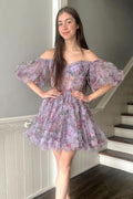 Whimsical A-Line Off-the-Shoulder Printed Homecoming Dress BM bride