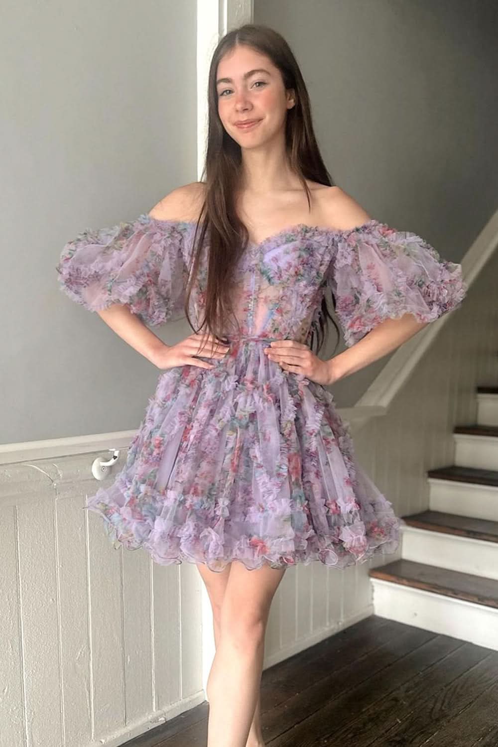 Whimsical A-Line Off-the-Shoulder Printed Homecoming Dress BM bride